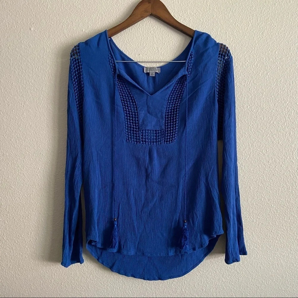 Joseph A Boho Peasant Blouse Tassel Open Knit Sapphire XL Chic Bohemian Folk - Picture 12 of 13